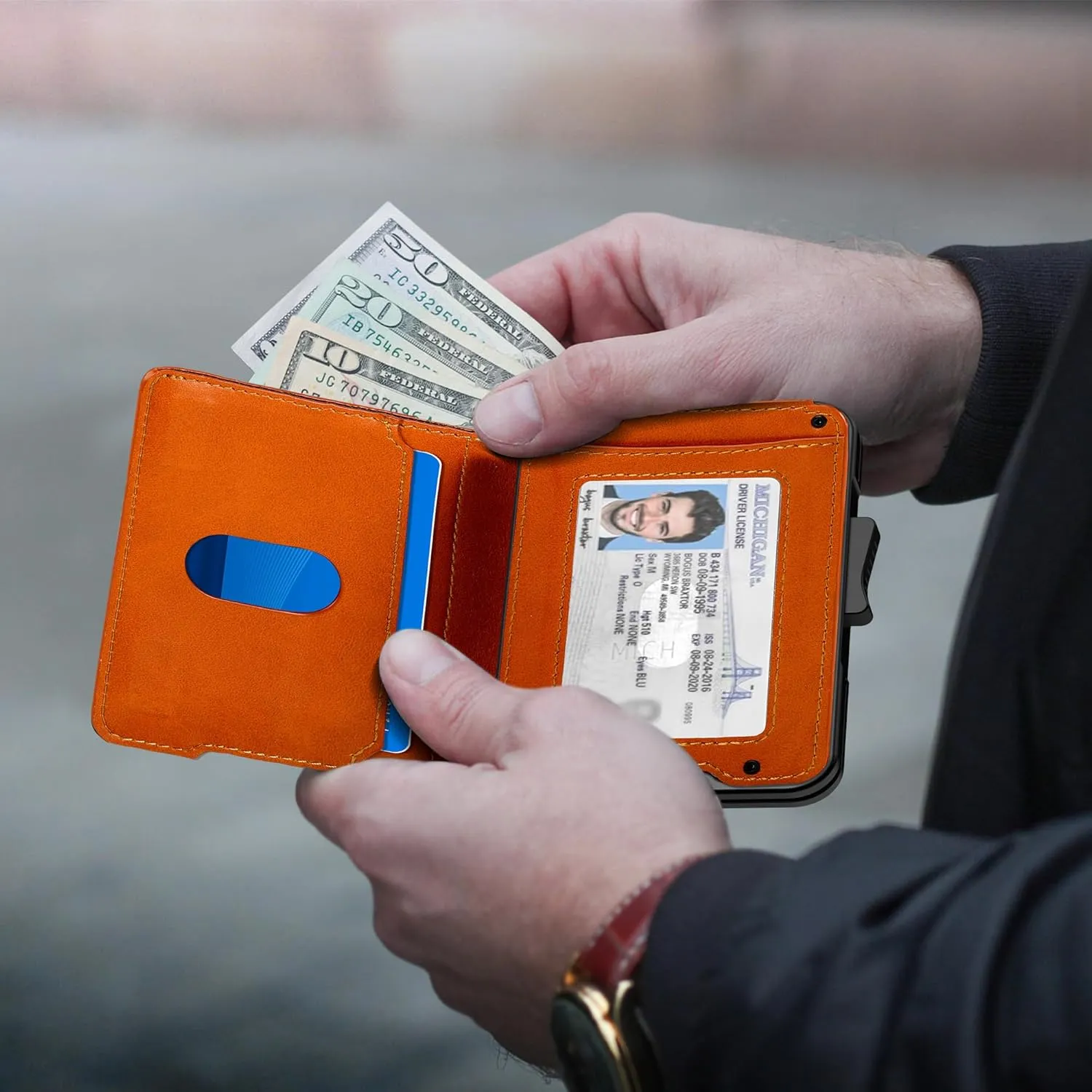Wallet for Men - Pop Up Case, Cash Slot, and Credit Card Wallet - Slim Minimalist Aluminum Front Pocket Wallet with RFID Blocking/ID Window (Genuine Leather Brown)