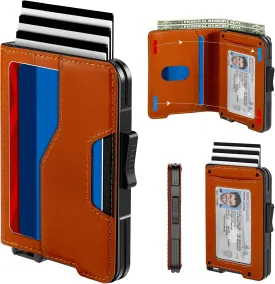 Wallet for Men - Pop Up Case, Cash Slot, and Credit Card Wallet - Slim Minimalist Aluminum Front Pocket Wallet with RFID Blocking/ID Window (Genuine Leather Brown)