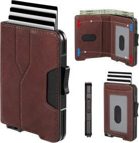 Wallet for Men - Pop Up Case, Cash Slot, and Credit Card Wallet - Slim Minimalist Aluminum Front Pocket Wallet with RFID Blocking/ID Window (Genuine Leather Dark Brown)