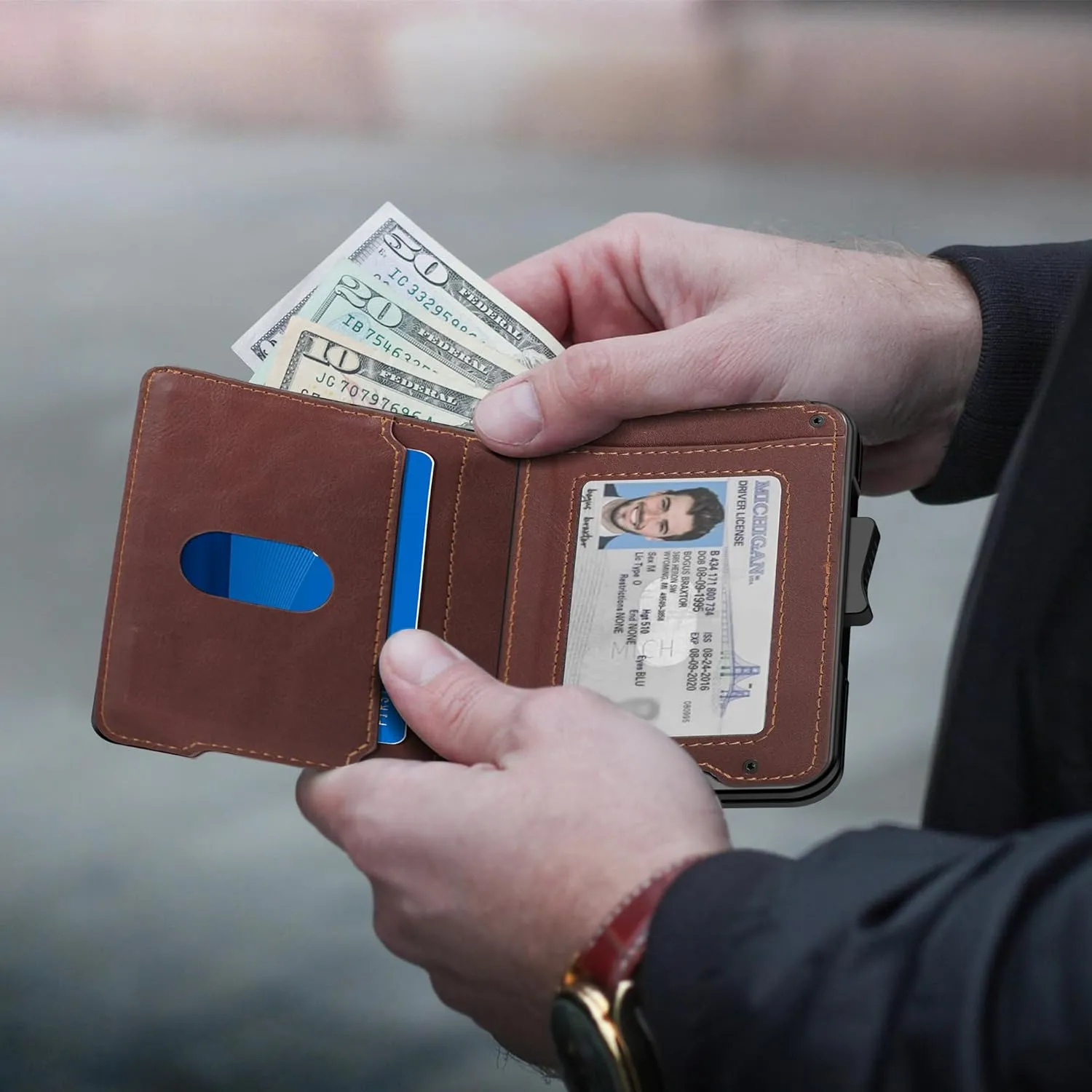 Wallet for Men - Pop Up Case, Cash Slot, and Credit Card Wallet - Slim Minimalist Aluminum Front Pocket Wallet with RFID Blocking/ID Window (Genuine Leather Dark Brown)