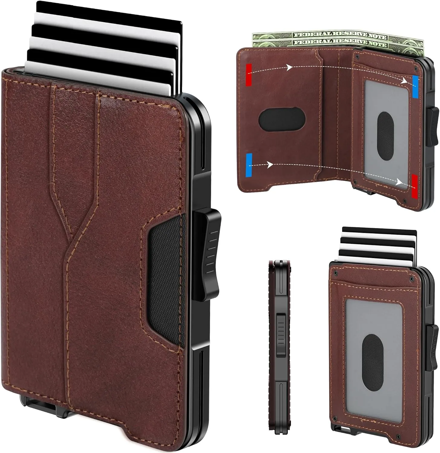 Wallet for Men - Pop Up Case, Cash Slot, and Credit Card Wallet - Slim Minimalist Aluminum Front Pocket Wallet with RFID Blocking/ID Window (Genuine Leather Dark Brown)