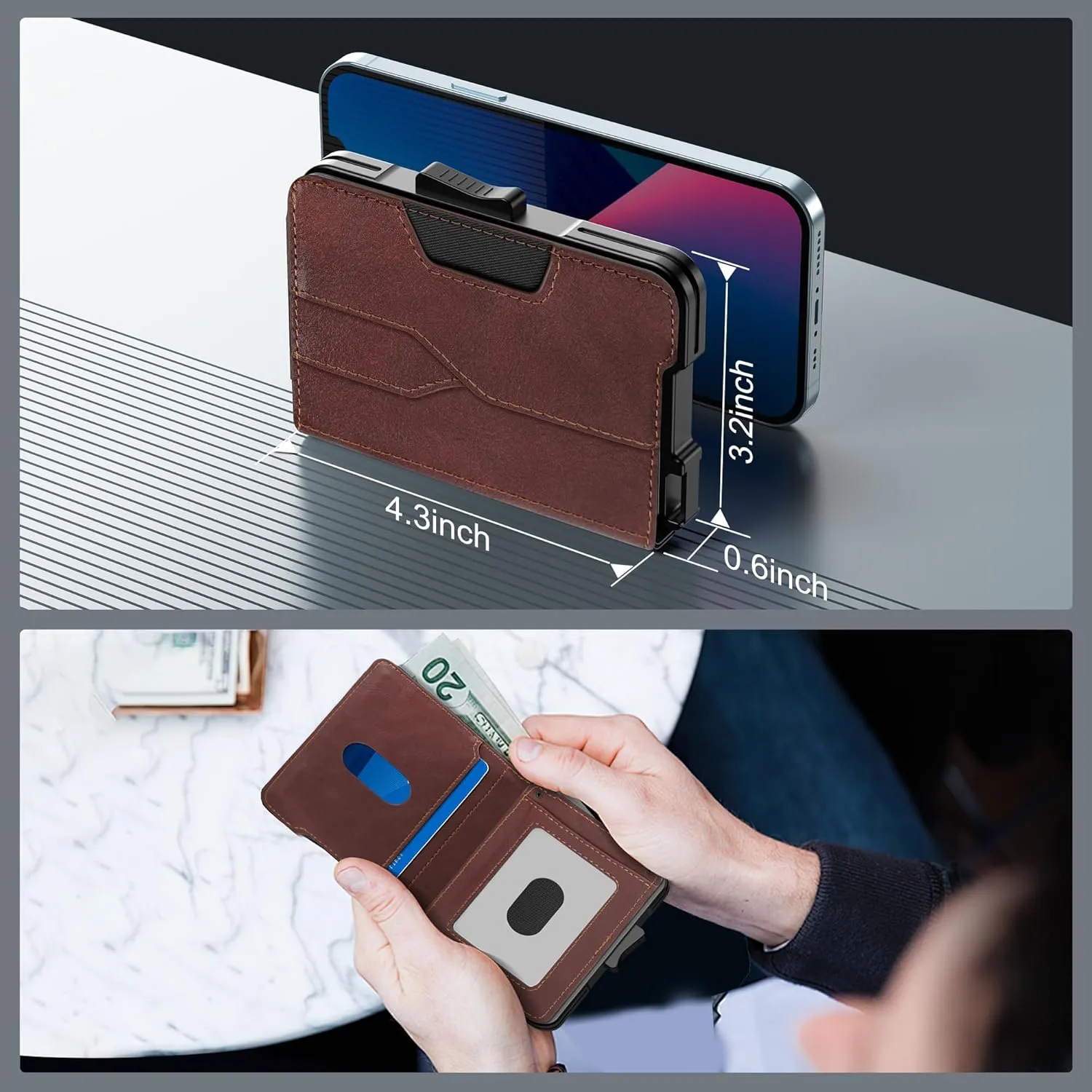 Wallet for Men - Pop Up Case, Cash Slot, and Credit Card Wallet - Slim Minimalist Aluminum Front Pocket Wallet with RFID Blocking/ID Window (Genuine Leather Dark Brown)