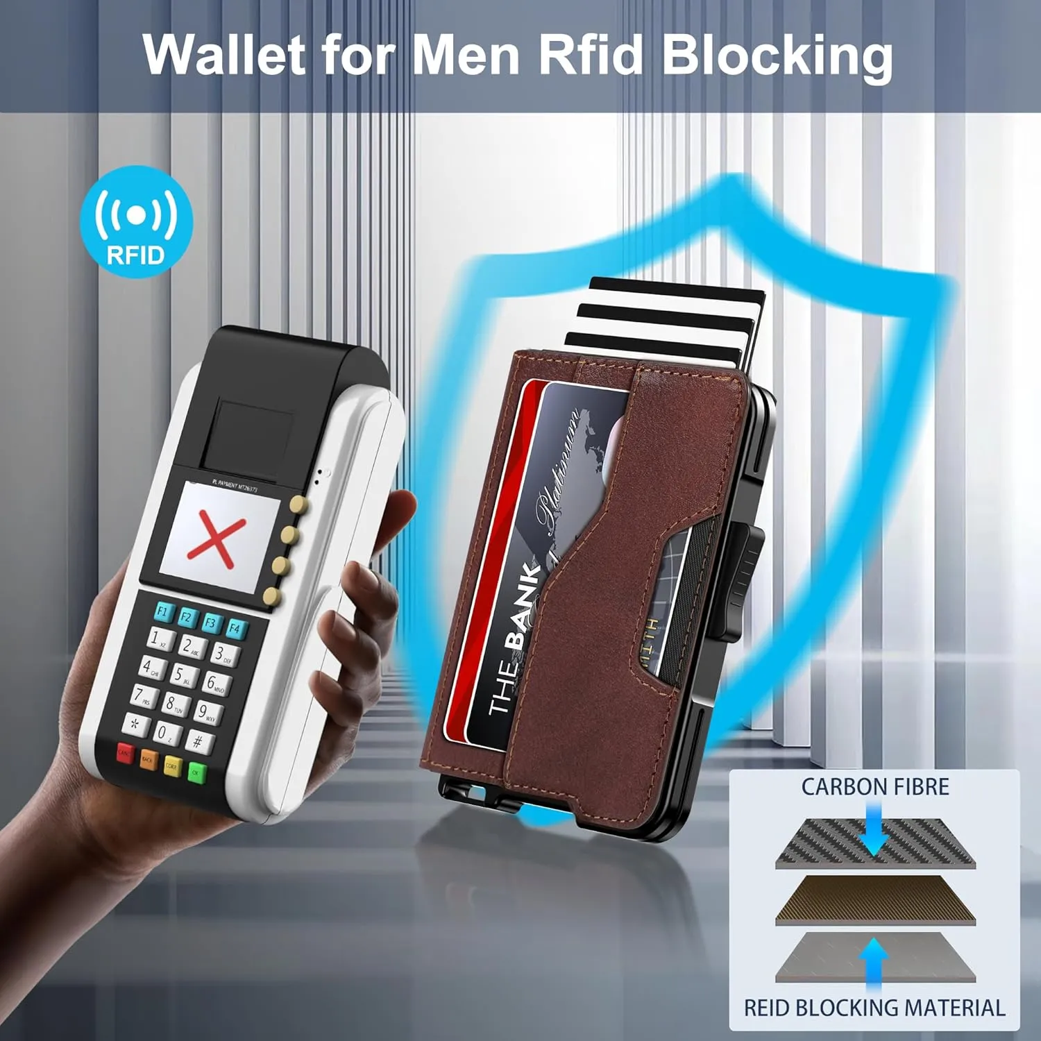 Wallet for Men - Pop Up Case, Cash Slot, and Credit Card Wallet - Slim Minimalist Aluminum Front Pocket Wallet with RFID Blocking/ID Window (Genuine Leather Dark Brown)