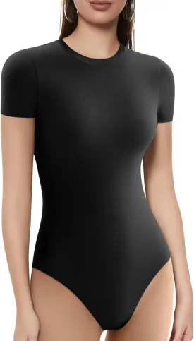 Womens Crew Neck Short Sleeve Bodysuits for Women Double Lined Sexy Going Out Thong Body Suits Tops Shirts Leotards
