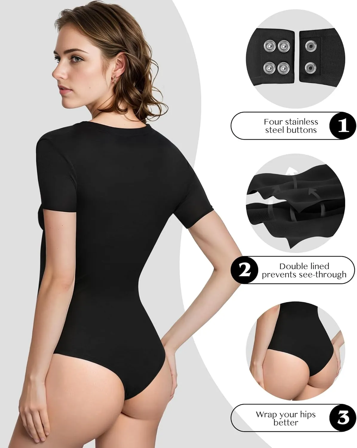 Womens Crew Neck Short Sleeve Bodysuits for Women Double Lined Sexy Going Out Thong Body Suits Tops Shirts Leotards